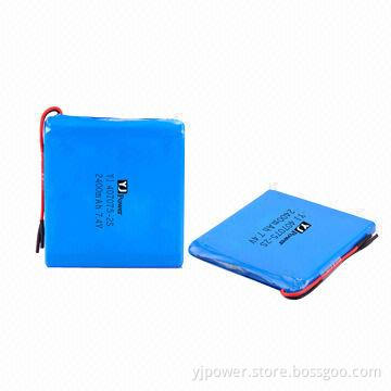 7.4V/2,400mAh polymer battery pack YJ407075-2S, with 8 x 70 x 75mm size and 93g weight